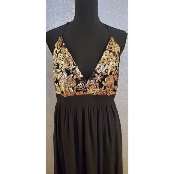 Lovers + Friends Good As Gold Black & Gold Sequin Open Back Maxi Dress Women’s M - Picture 10 of 16
